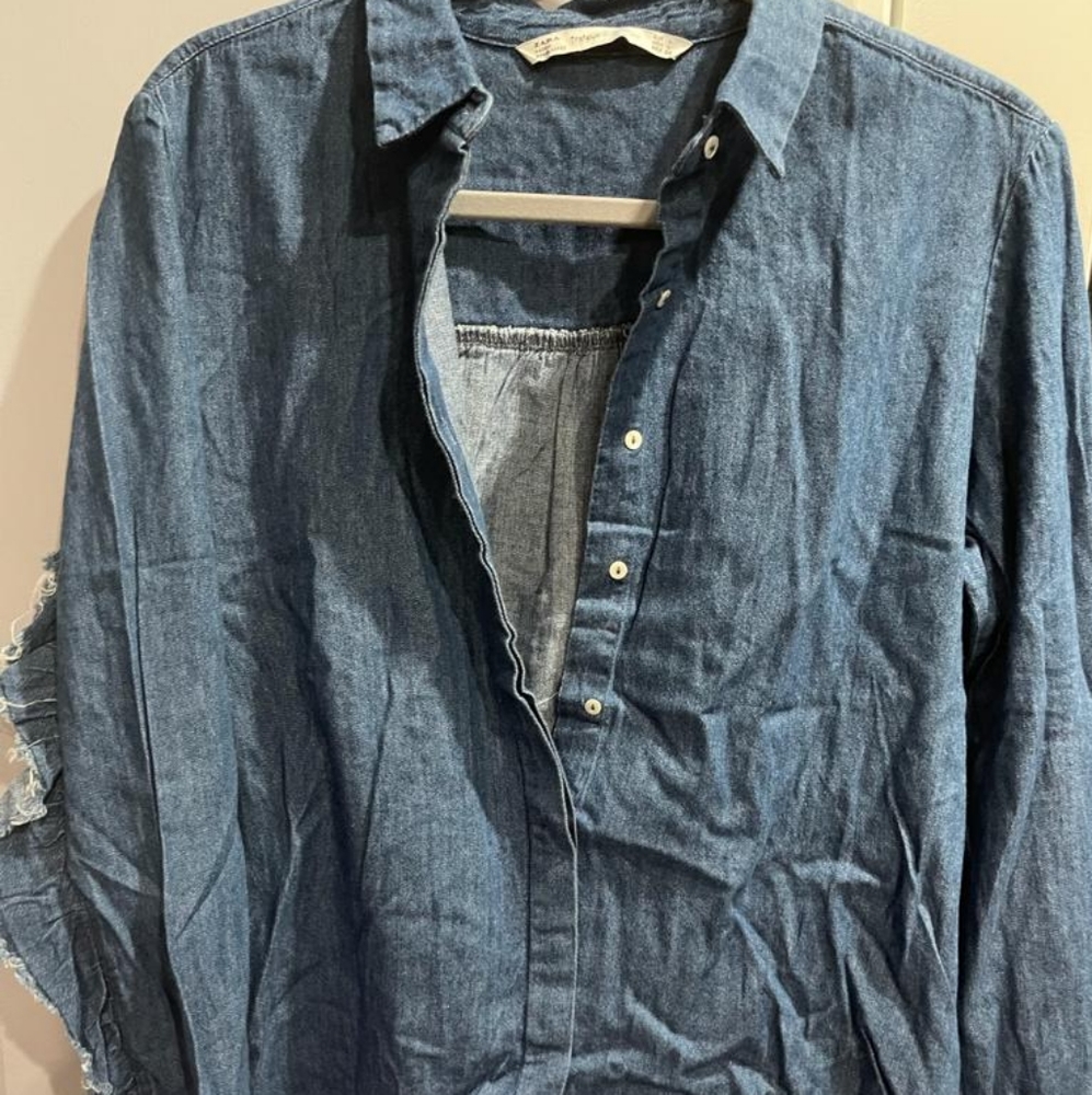 Zara Denim Button Down Collared Ruffle Shirt - image 5